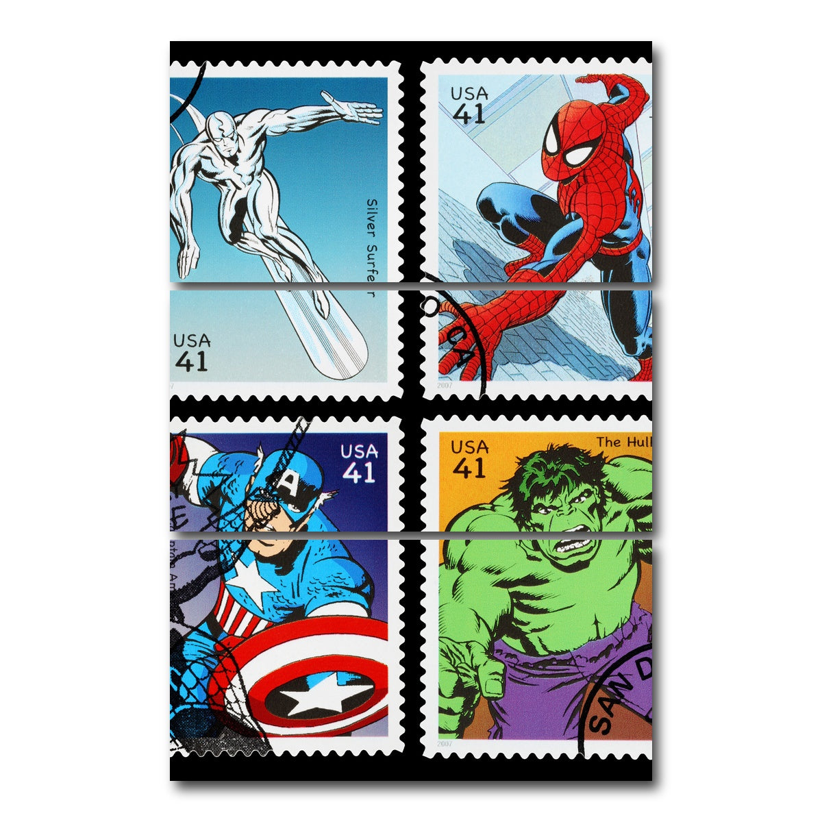 AUTO-MOCKUP WHITE | Superhero Postage Stamps | 3 Piece | Gallery Wrap Canvas | group=12x24_stacked