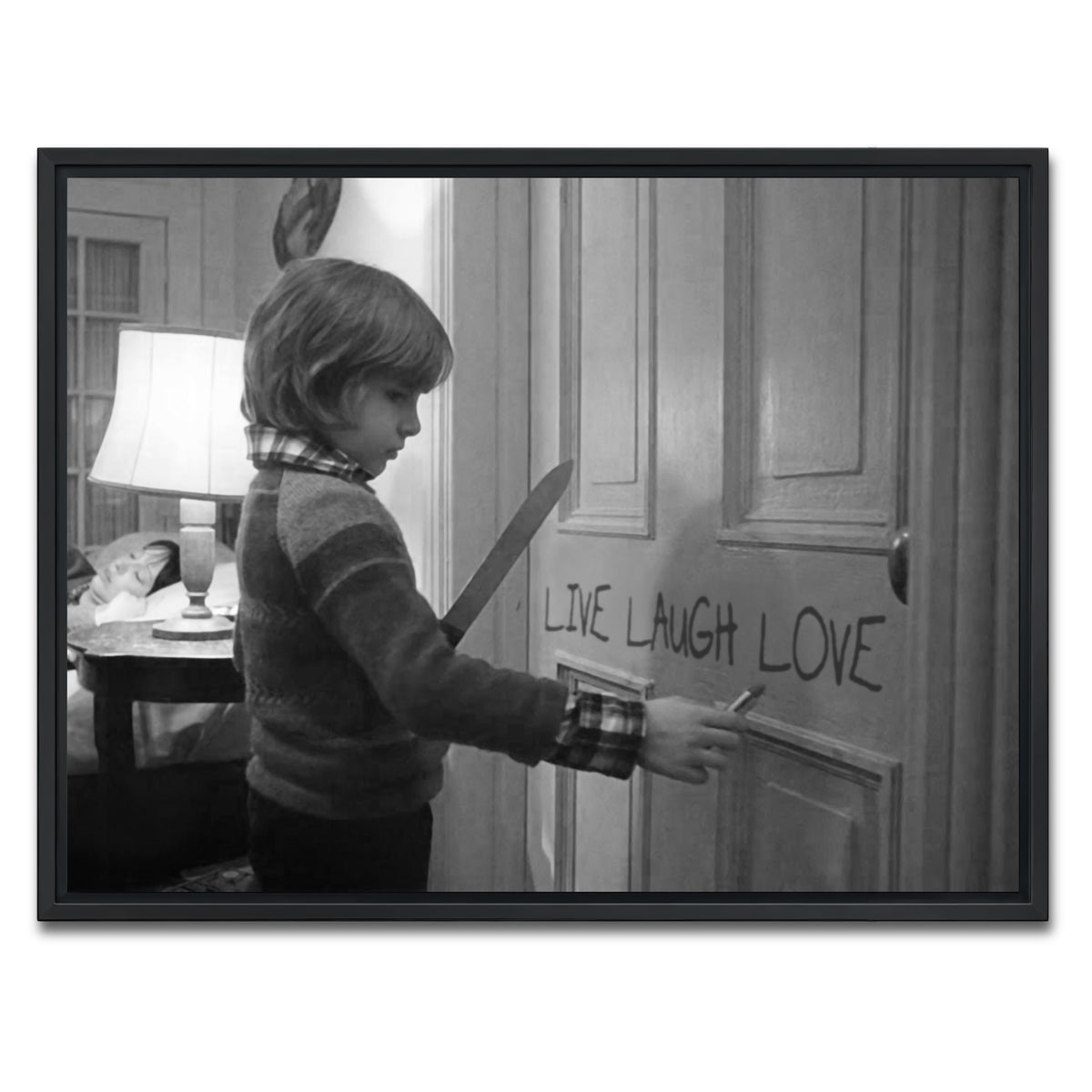 AUTO-MOCKUP WHITE | The Shining - Live Laugh Love Grayscale | 1 Piece | Black Framed Canvas | group=4x3