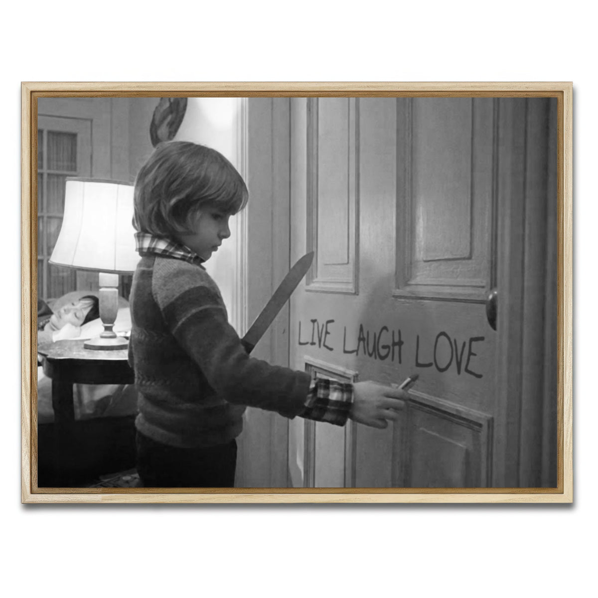 AUTO-MOCKUP WHITE | The Shining - Live Laugh Love Grayscale | 1 Piece | Natural Framed Canvas | group=4x3
