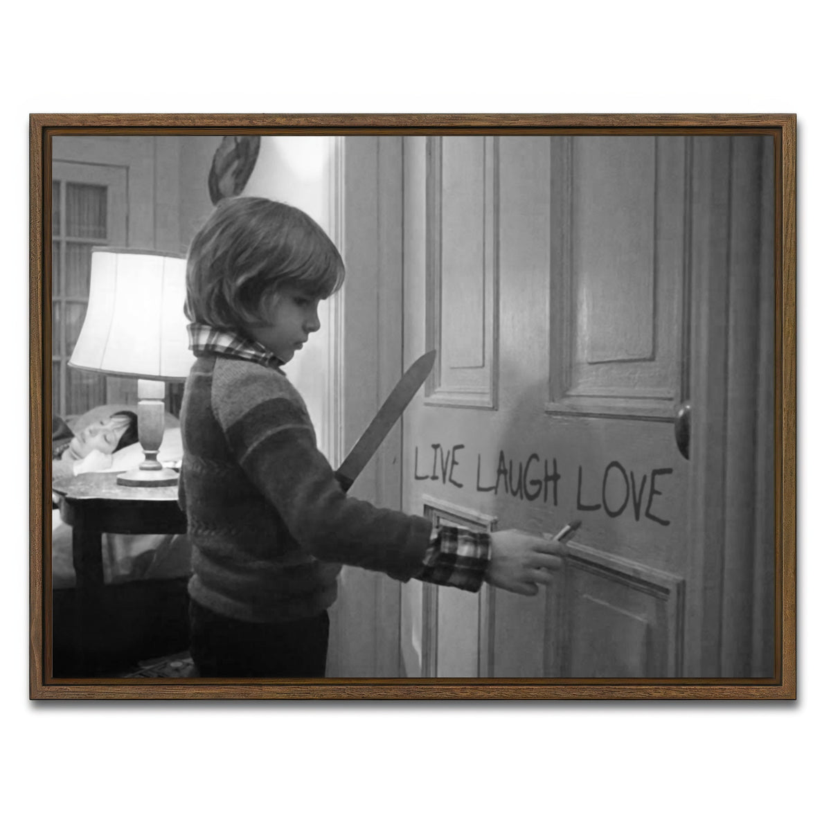 AUTO-MOCKUP WHITE | The Shining - Live Laugh Love Grayscale | 1 Piece | Walnut Framed Canvas | group=4x3