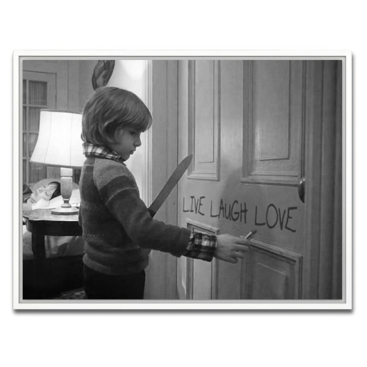 AUTO-MOCKUP WHITE | The Shining - Live Laugh Love Grayscale | 1 Piece | White Framed Canvas | group=4x3