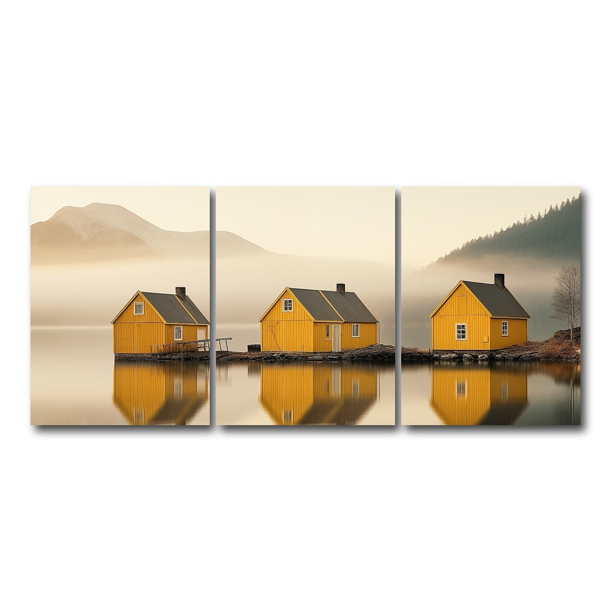 AUTO-MOCKUP WHITE | Three Yellow Houses | 3 Piece | Gallery Wrap Canvas | group=18x24