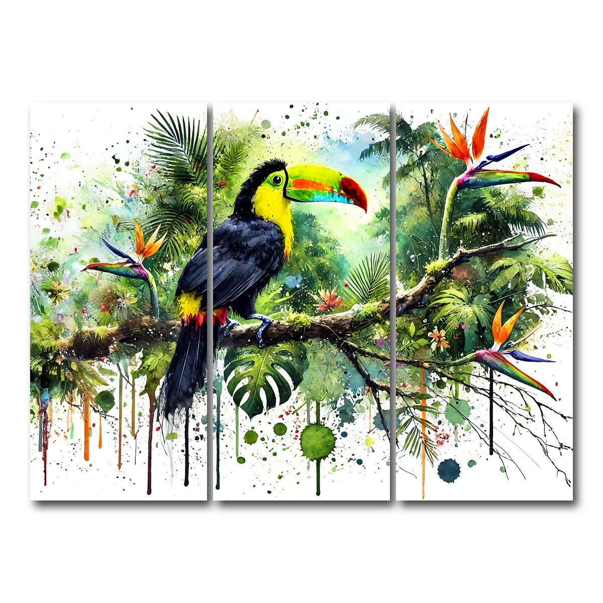AUTO-MOCKUP WHITE | Toucan Watercolor V2 | 3 Piece | Gallery Wrap Canvas | group=8x18
