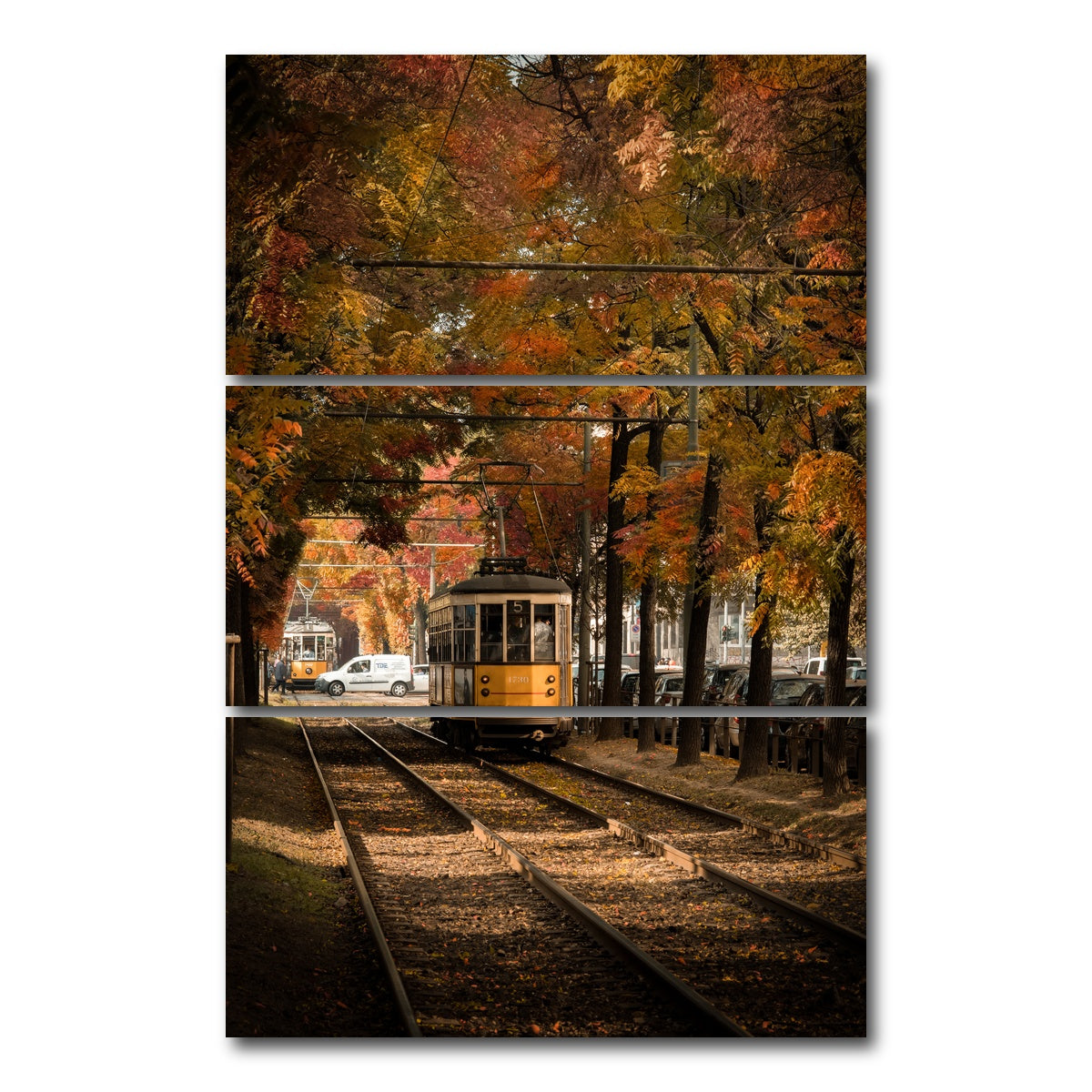 AUTO-MOCKUP WHITE | Tram in Autumn | 3 Piece | Gallery Wrap Canvas | group=12x24_stacked