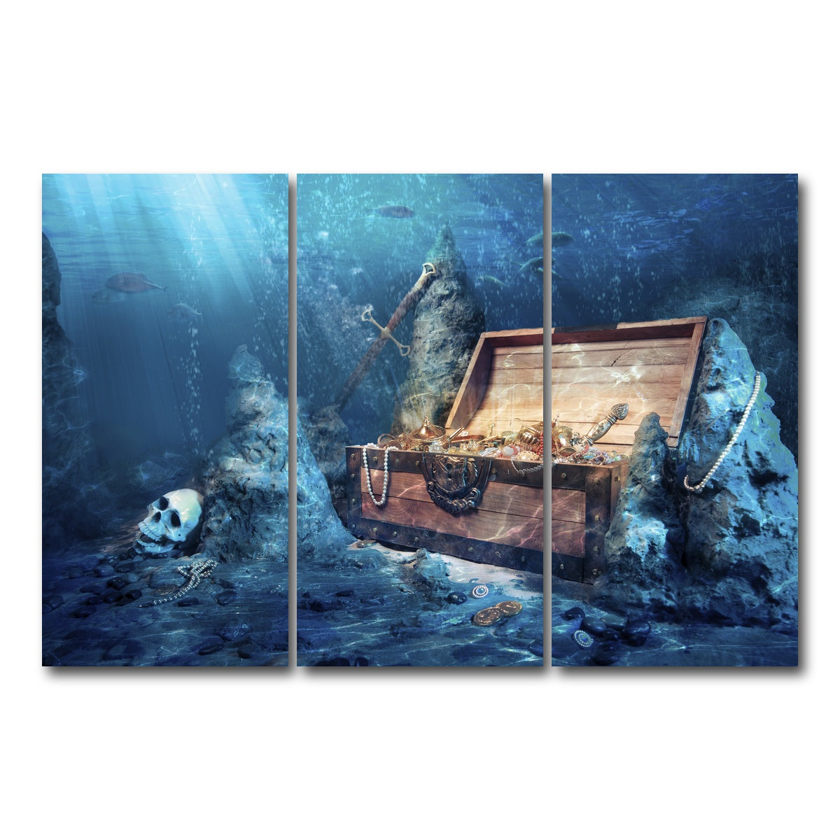 AUTO-MOCKUP WHITE | Treasure Chest Underwater | 3 Piece | Gallery Wrap Canvas | group=12x24