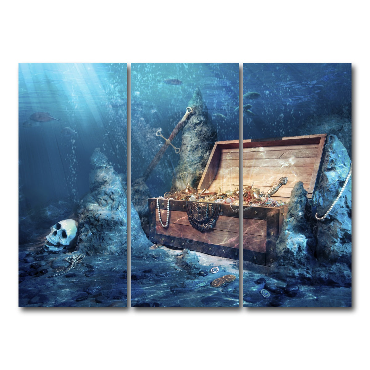 AUTO-MOCKUP WHITE | Treasure Chest Underwater | 3 Piece | Gallery Wrap Canvas | group=8x18