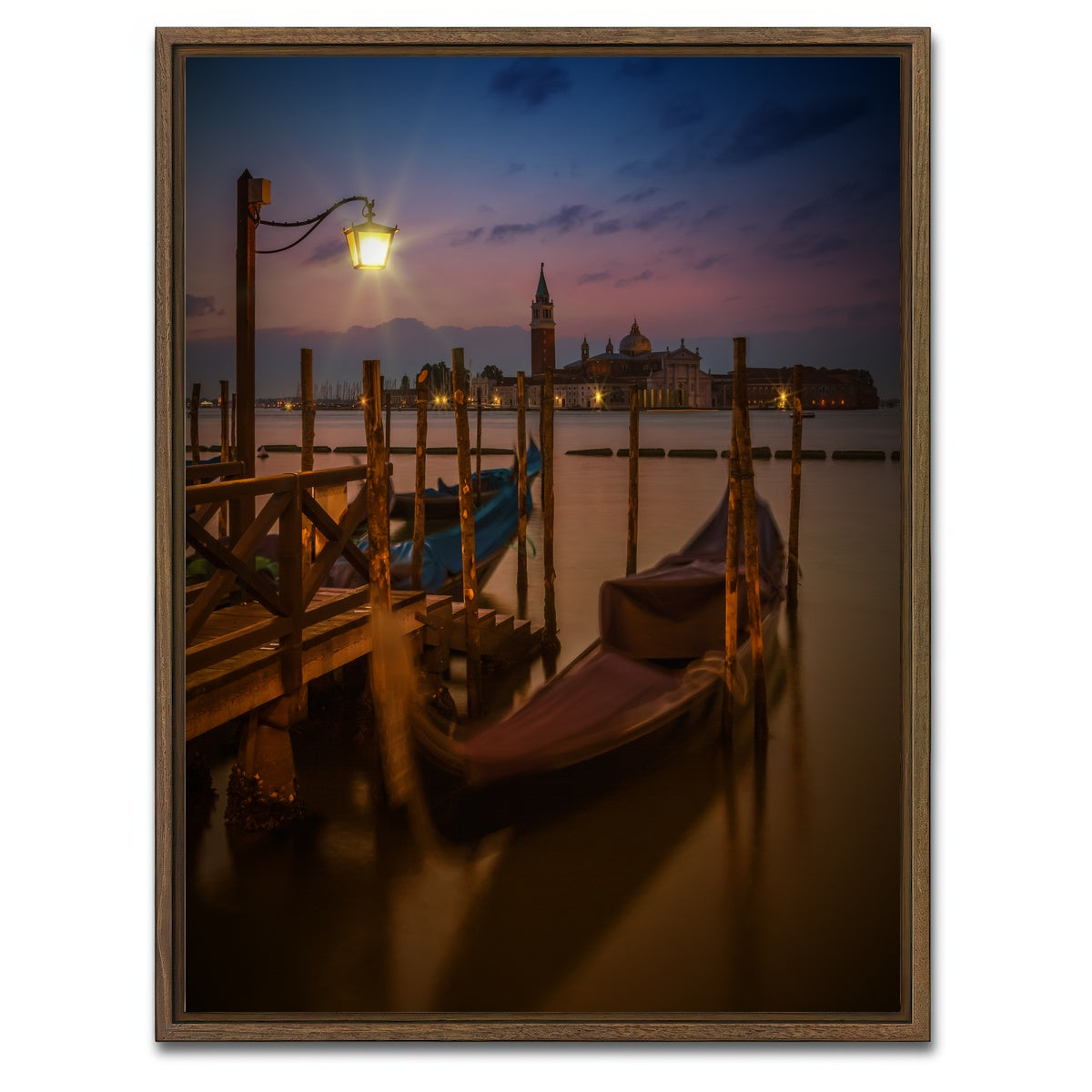 AUTO-MOCKUP WHITE | Venice Gondolas during Blue Hour | 1 Piece | Walnut Framed Canvas | group=3x4