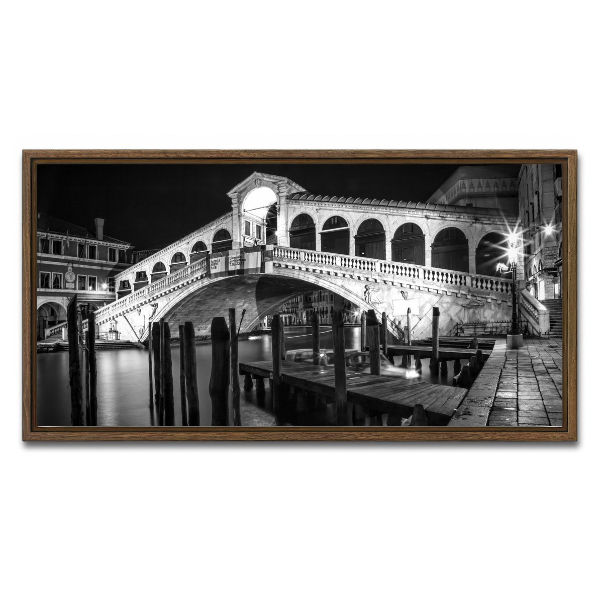 AUTO-MOCKUP WHITE | Venice Rialto Bridge at Night | 1 Piece | Walnut Framed Canvas | group=2x1