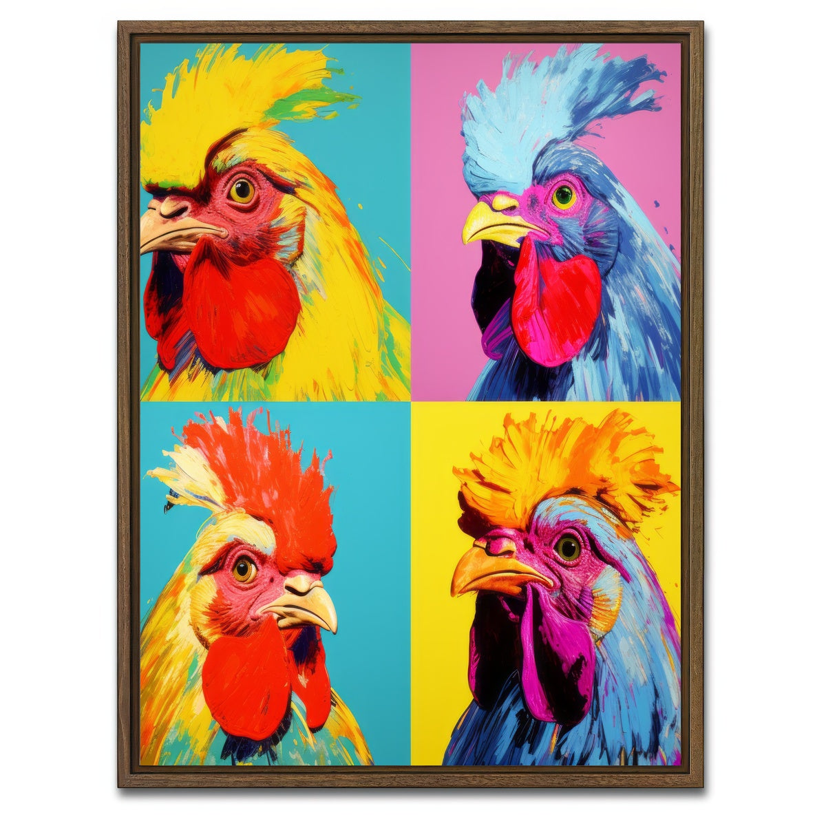 AUTO-MOCKUP WHITE | Vibrant Rooster Paintings | 1 Piece | Walnut Framed Canvas | group=3x4