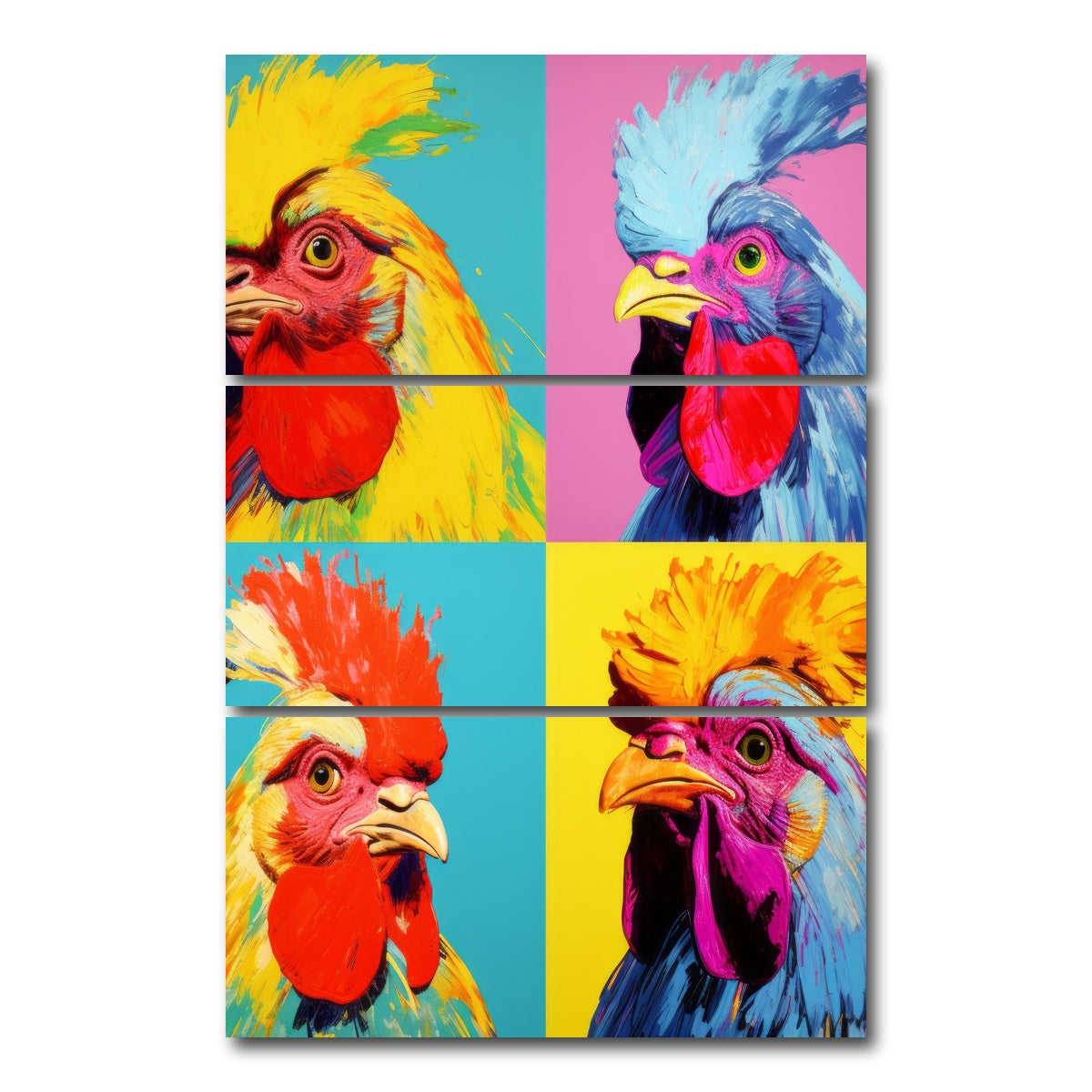 AUTO-MOCKUP WHITE | Vibrant Rooster Paintings | 3 Piece | Gallery Wrap Canvas | group=12x24_stacked