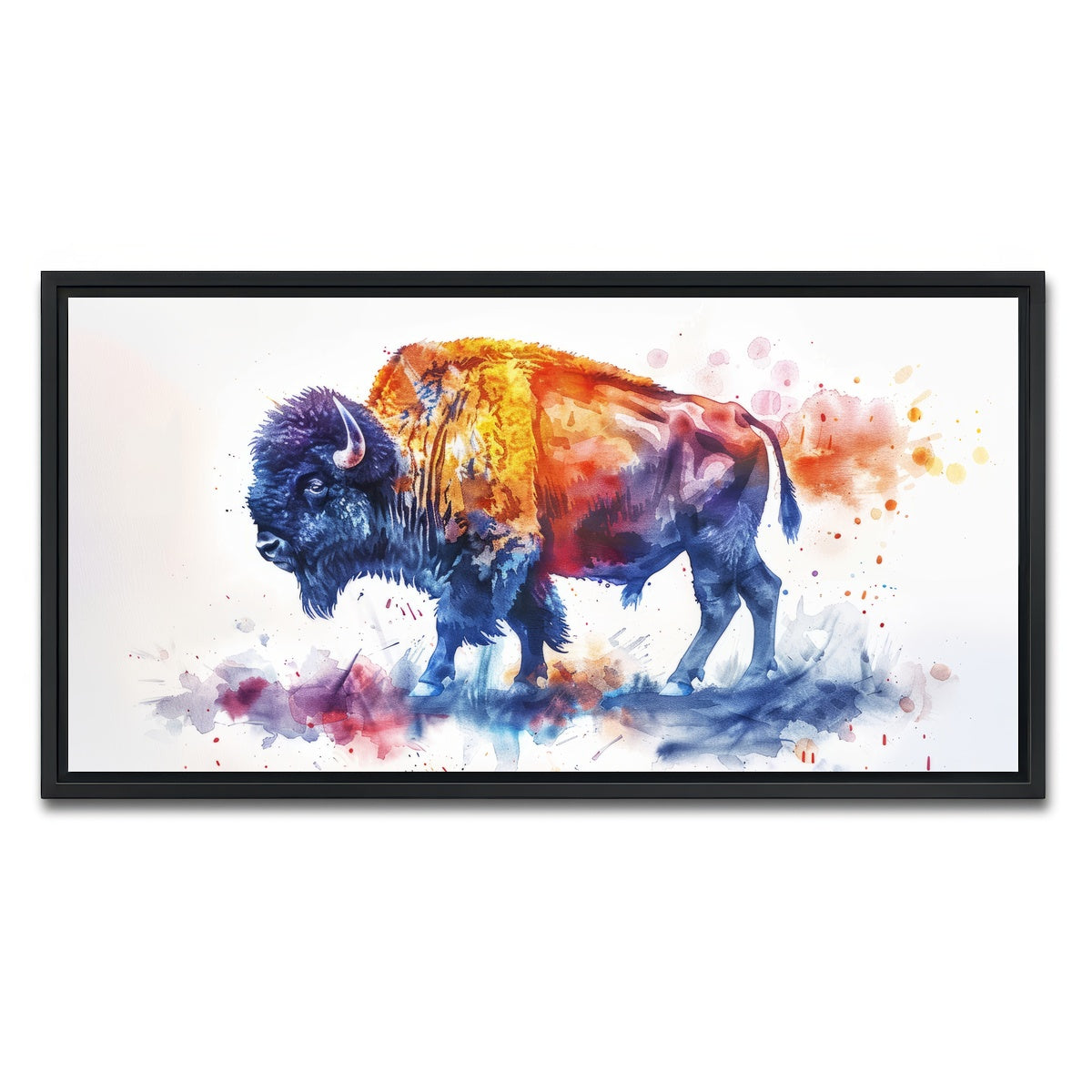 AUTO-MOCKUP WHITE | Vivid watercolor bison | 1 Piece | Black Framed Canvas | group=2x1
