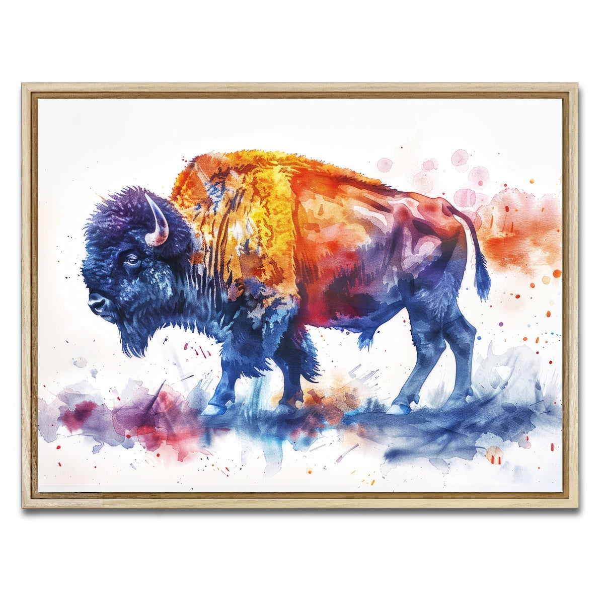 AUTO-MOCKUP WHITE | Vivid watercolor bison | 1 Piece | Natural Framed Canvas | group=4x3