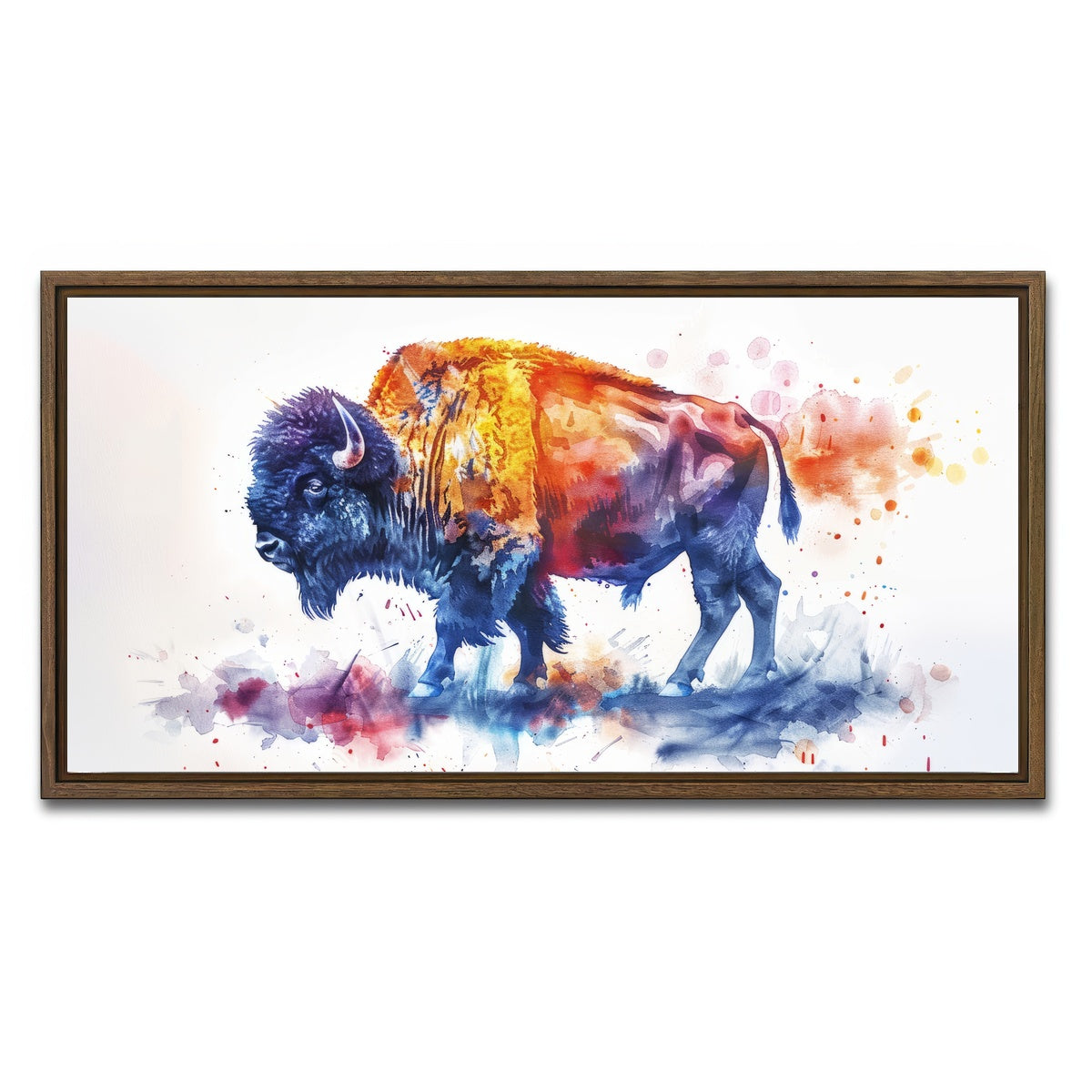 AUTO-MOCKUP WHITE | Vivid watercolor bison | 1 Piece | Walnut Framed Canvas | group=2x1