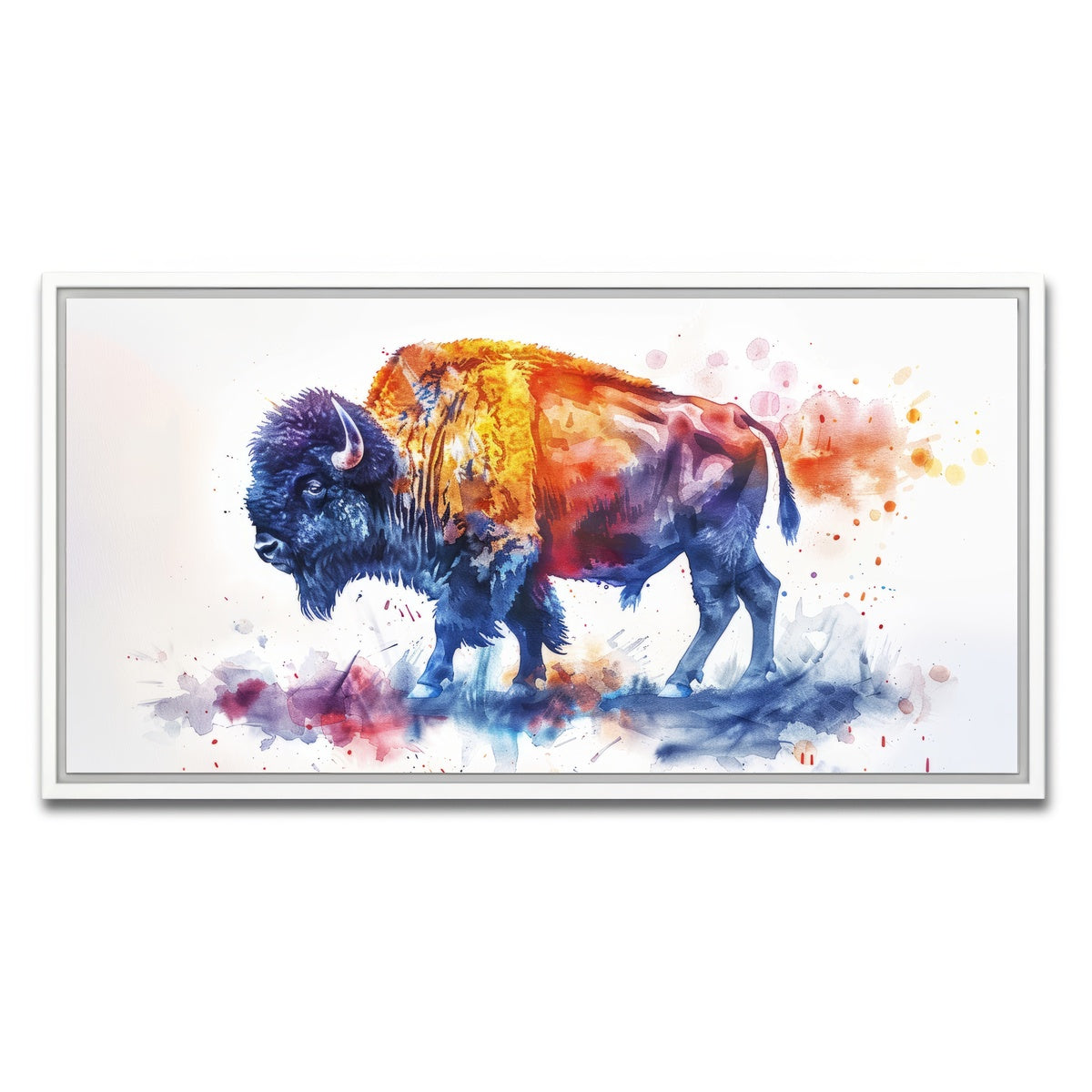 AUTO-MOCKUP WHITE | Vivid watercolor bison | 1 Piece | White Framed Canvas | group=2x1