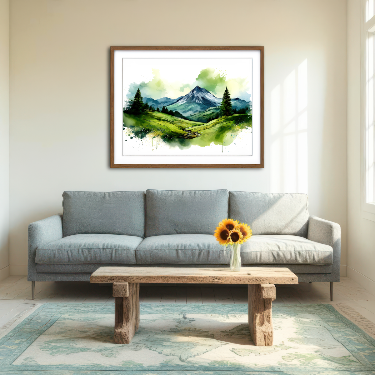 AUTO-MOCKUP ROOM | Water Color Green Mountain Wall Art