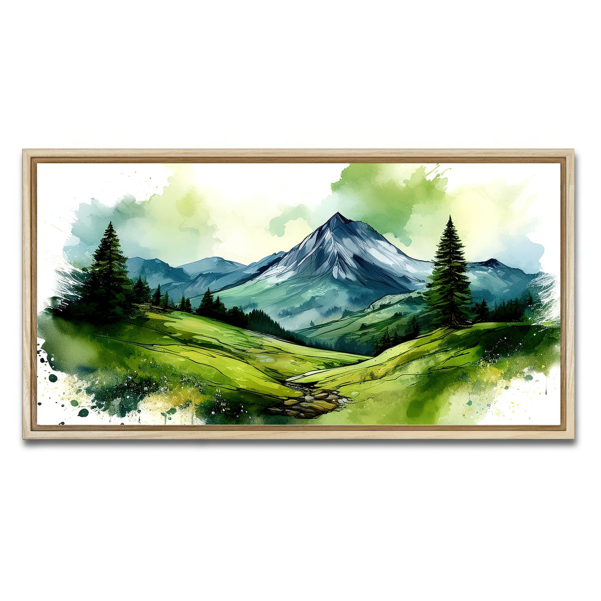 AUTO-MOCKUP WHITE | Water Color Green Mountain | 1 Piece | Natural Framed Canvas | group=2x1