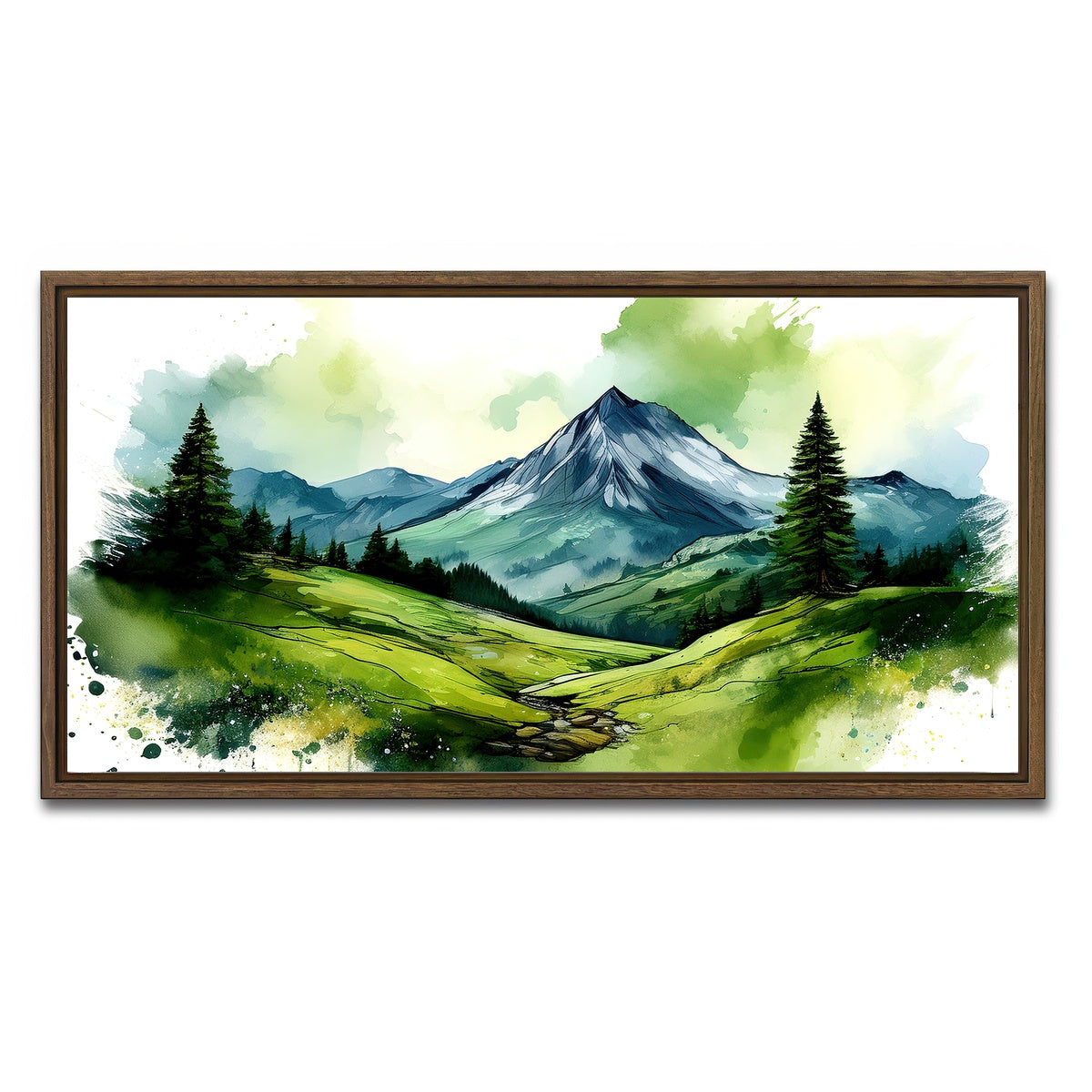 AUTO-MOCKUP WHITE | Water Color Green Mountain | 1 Piece | Walnut Framed Canvas | group=2x1