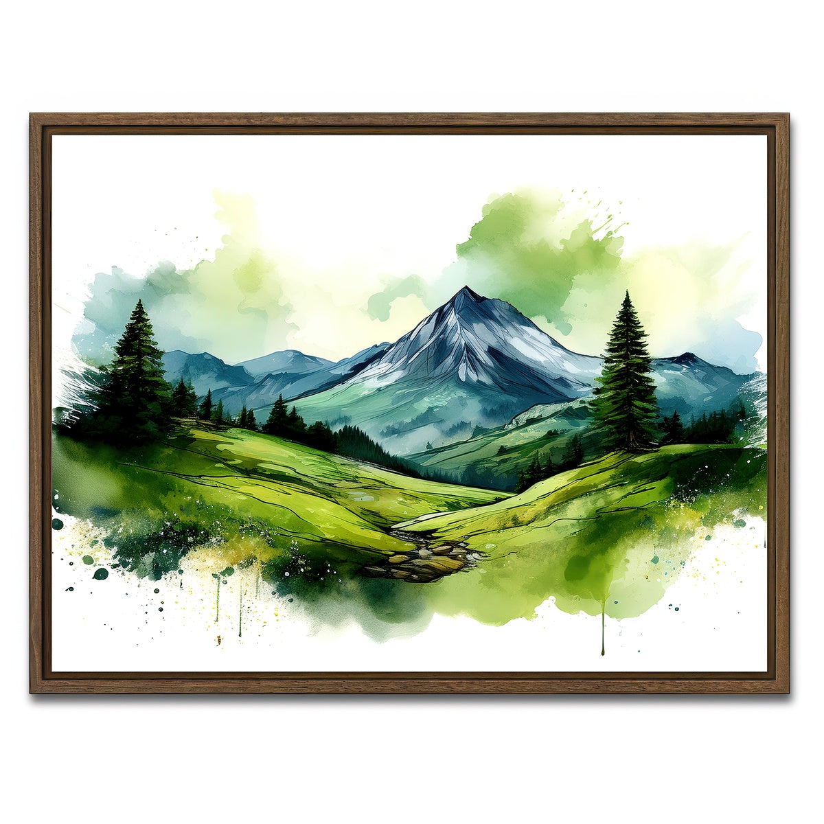 AUTO-MOCKUP WHITE | Water Color Green Mountain | 1 Piece | Walnut Framed Canvas | group=4x3