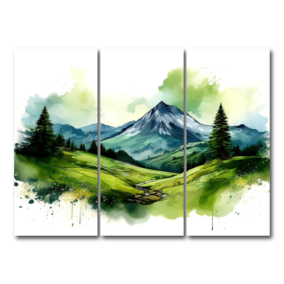 AUTO-MOCKUP WHITE | Water Color Green Mountain | 3 Piece | Gallery Wrap Canvas | group=8x18
