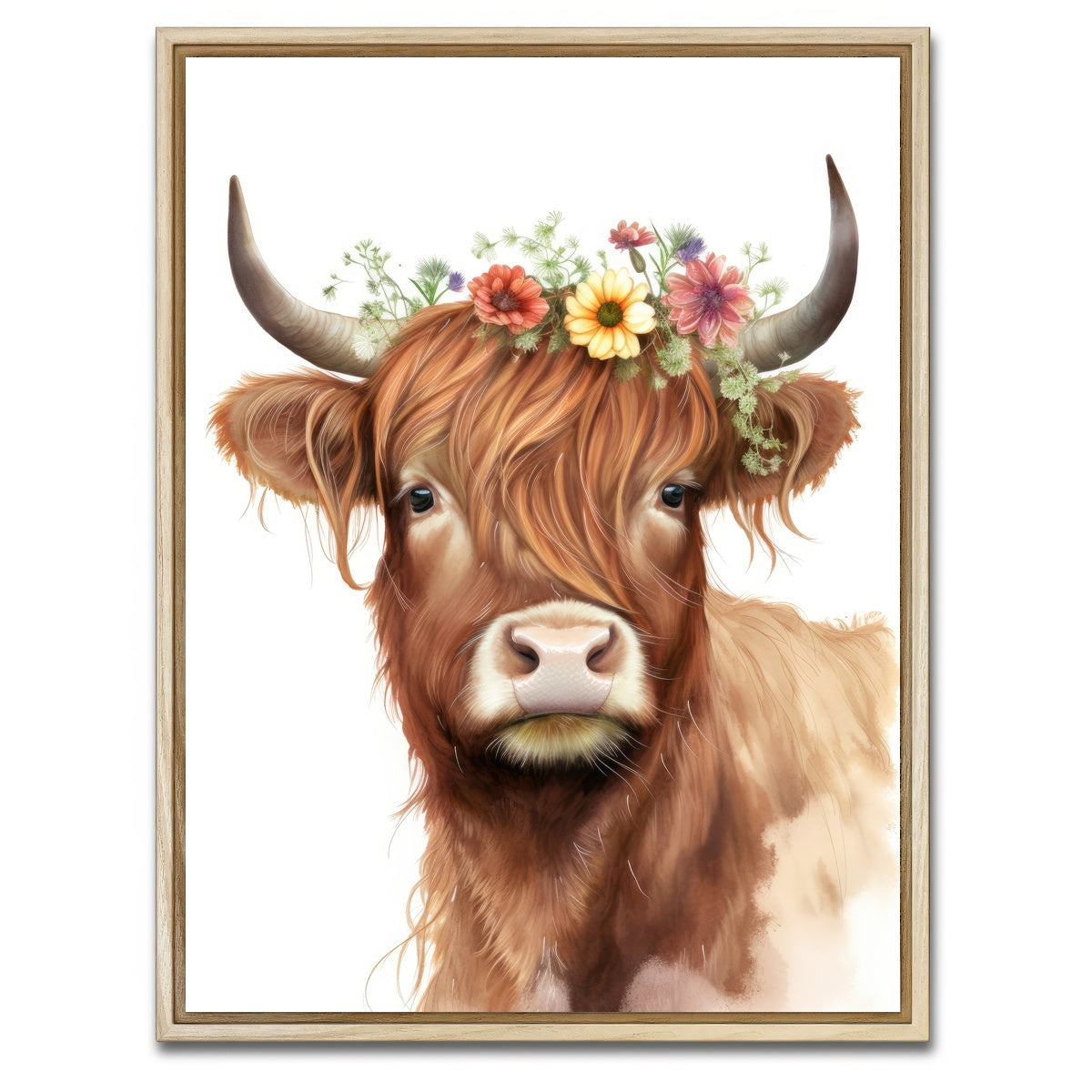 AUTO-MOCKUP WHITE | Watercolor Scottish highland cow | 1 Piece | Natural Framed Canvas | group=3x4