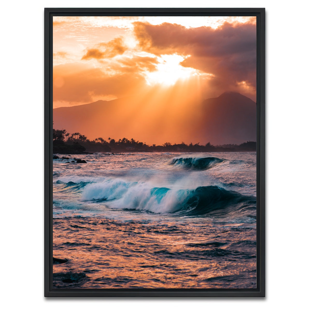 AUTO-MOCKUP WHITE | Waves at Sunset | 1 Piece | Black Framed Canvas | group=3x4