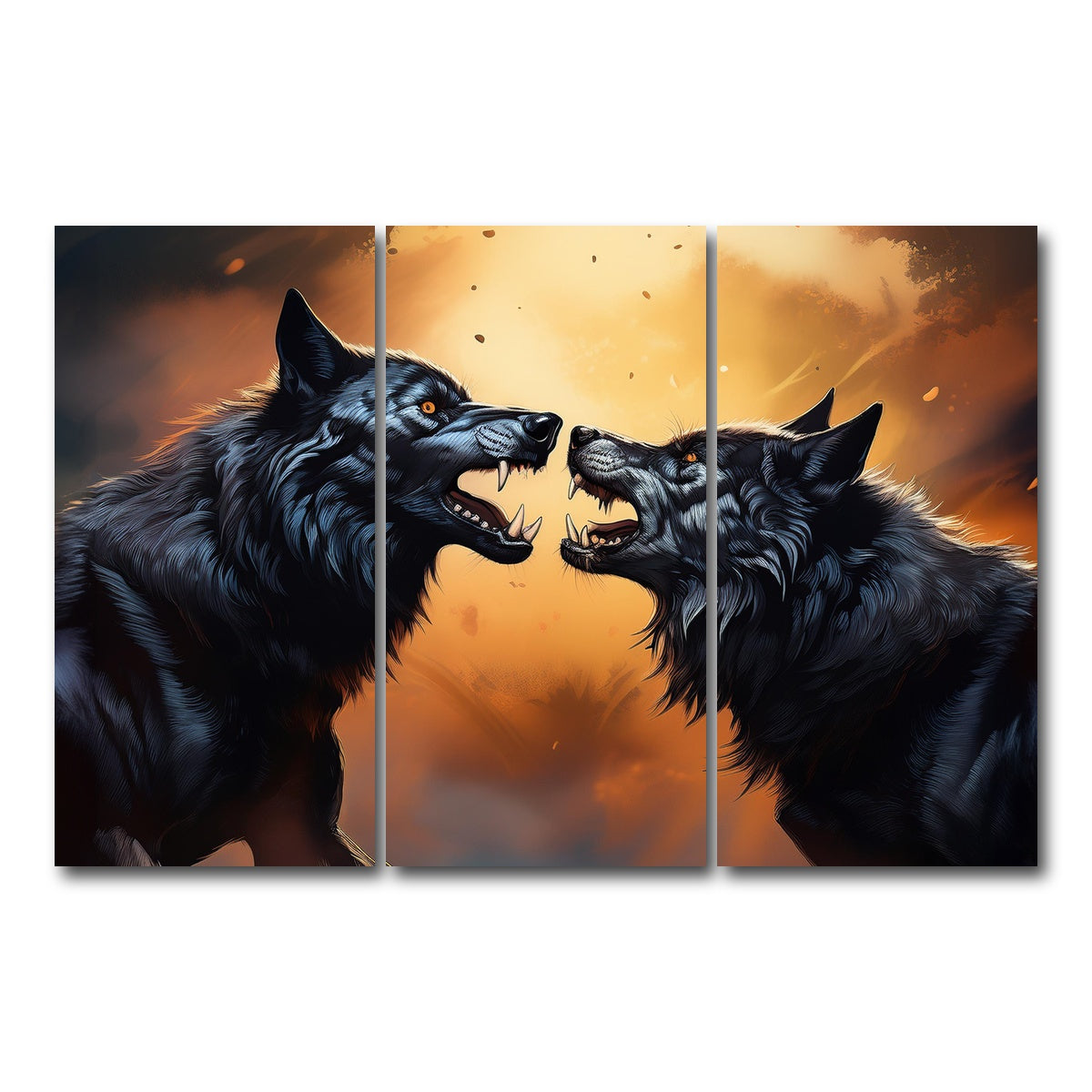AUTO-MOCKUP WHITE | Wolf Fight | 3 Piece | Gallery Wrap Canvas | group=12x24