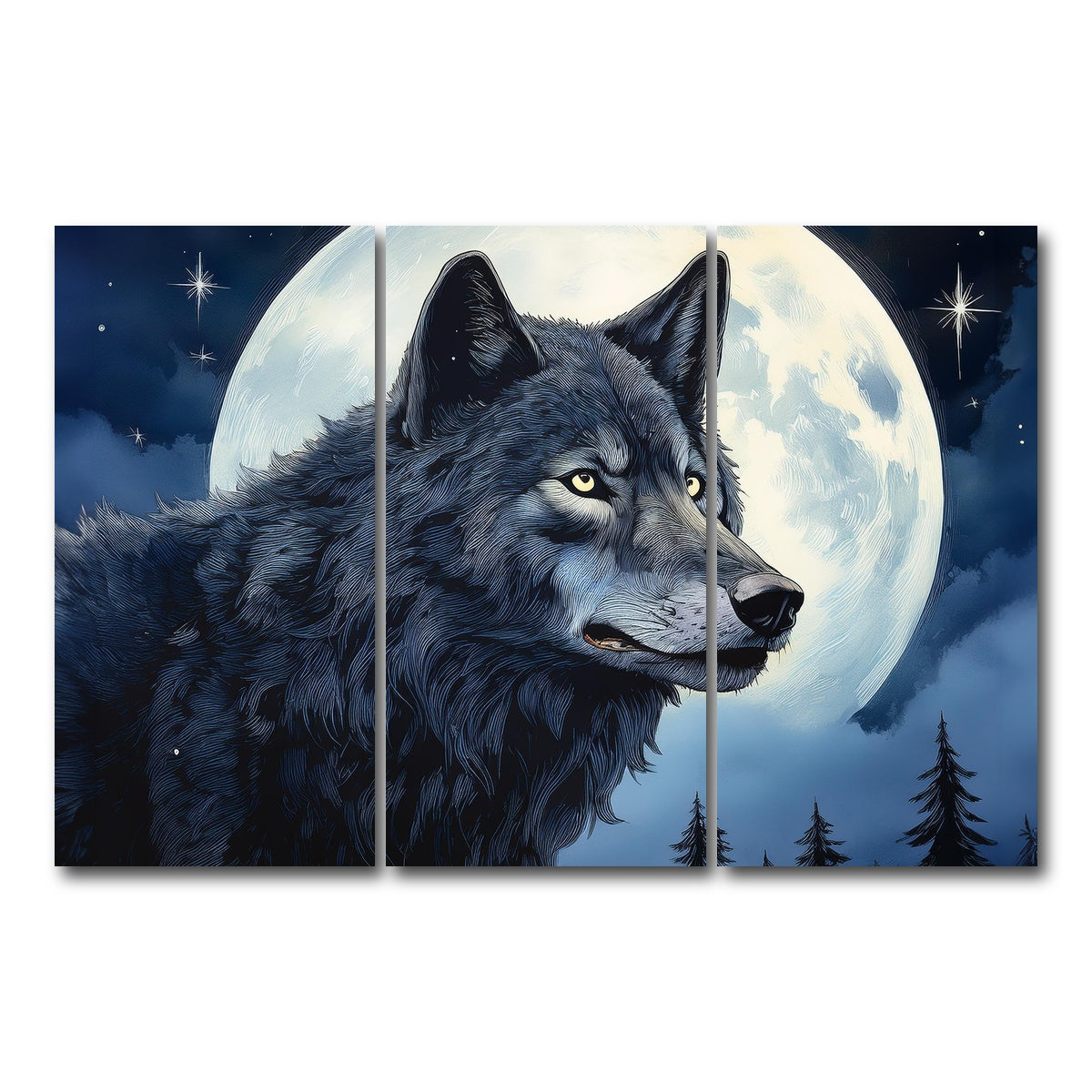 AUTO-MOCKUP WHITE | Wolf in the Moonlight | 3 Piece | Gallery Wrap Canvas | group=12x24
