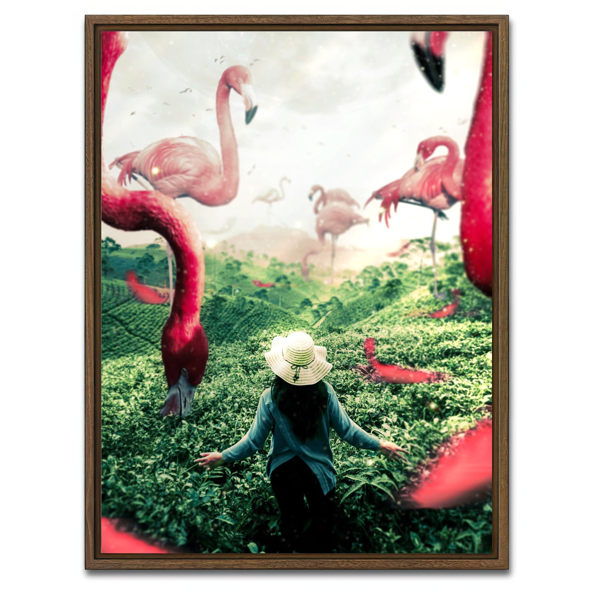 AUTO-MOCKUP WHITE | Woman with Flamingos | 1 Piece | Walnut Framed Canvas | group=3x4