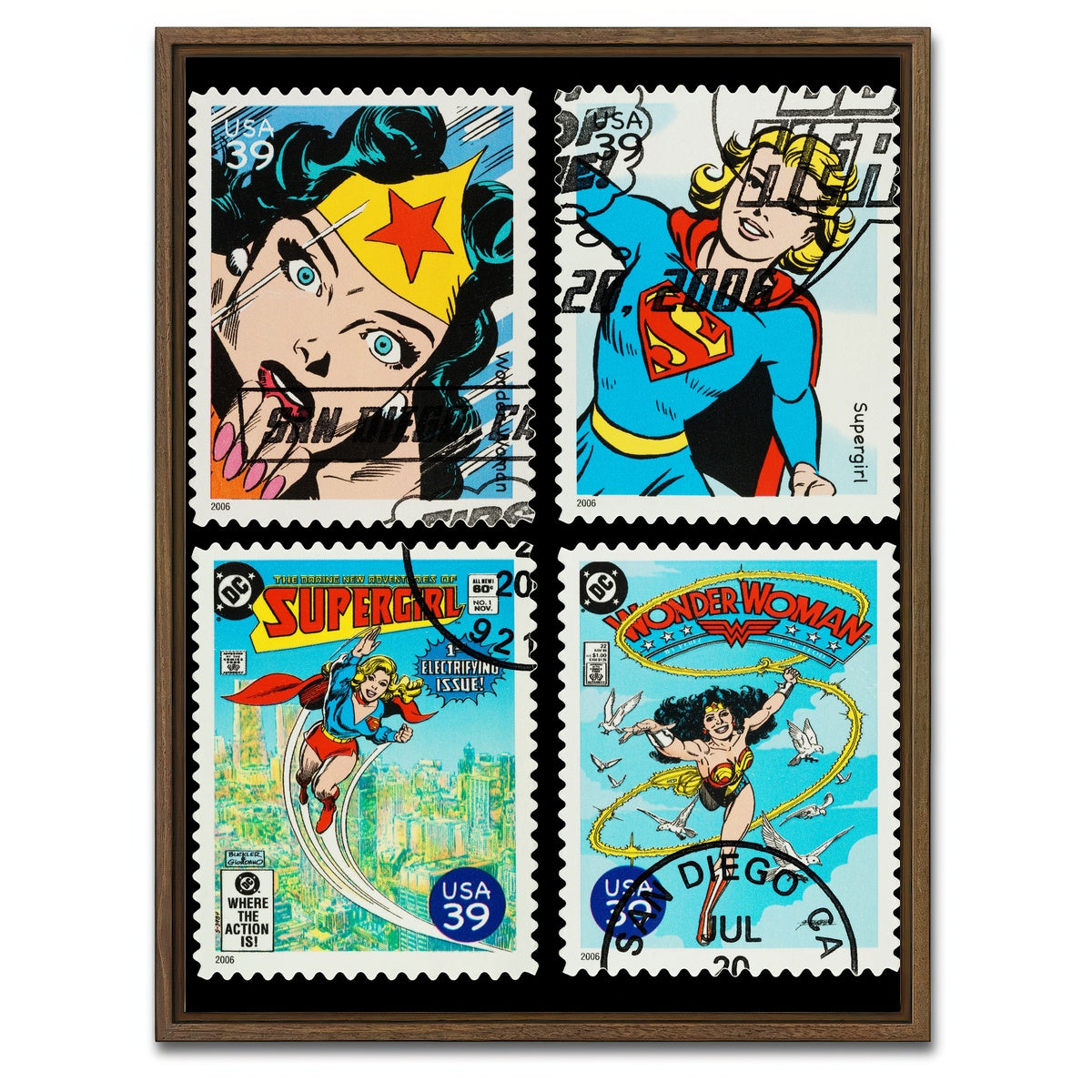 AUTO-MOCKUP WHITE | Wonder Woman and Supergirl Postage Stamps | 1 Piece | Walnut Framed Canvas | group=3x4