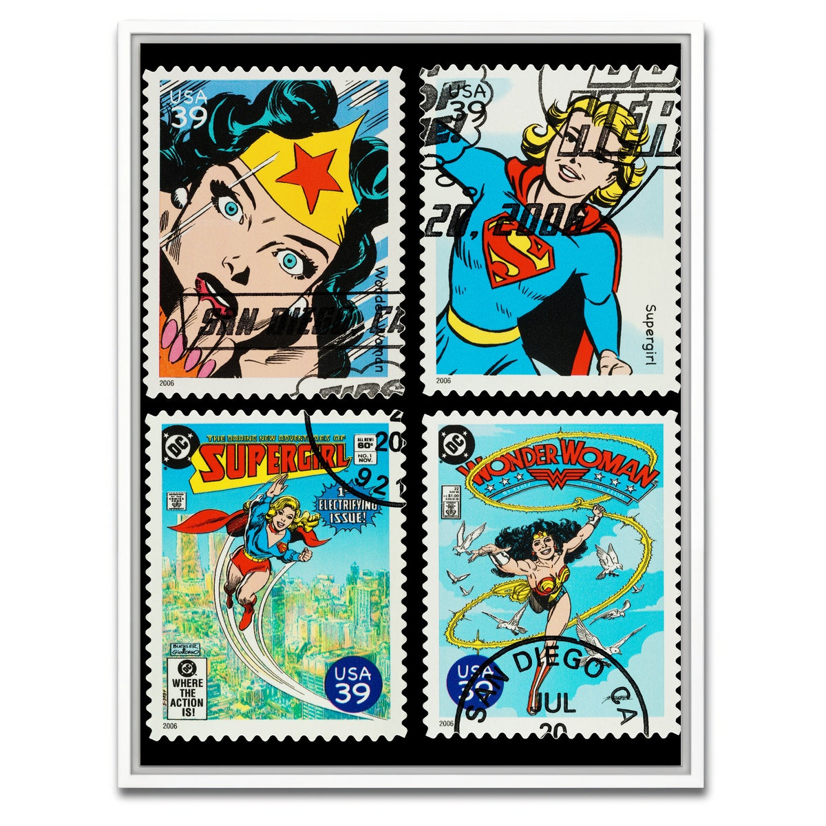 AUTO-MOCKUP WHITE | Wonder Woman and Supergirl Postage Stamps | 1 Piece | White Framed Canvas | group=3x4