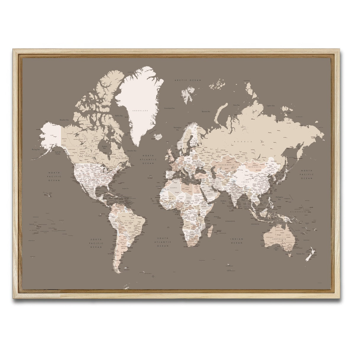 AUTO-MOCKUP WHITE | World Map 11 | 1 Piece | Natural Framed Canvas | group=4x3