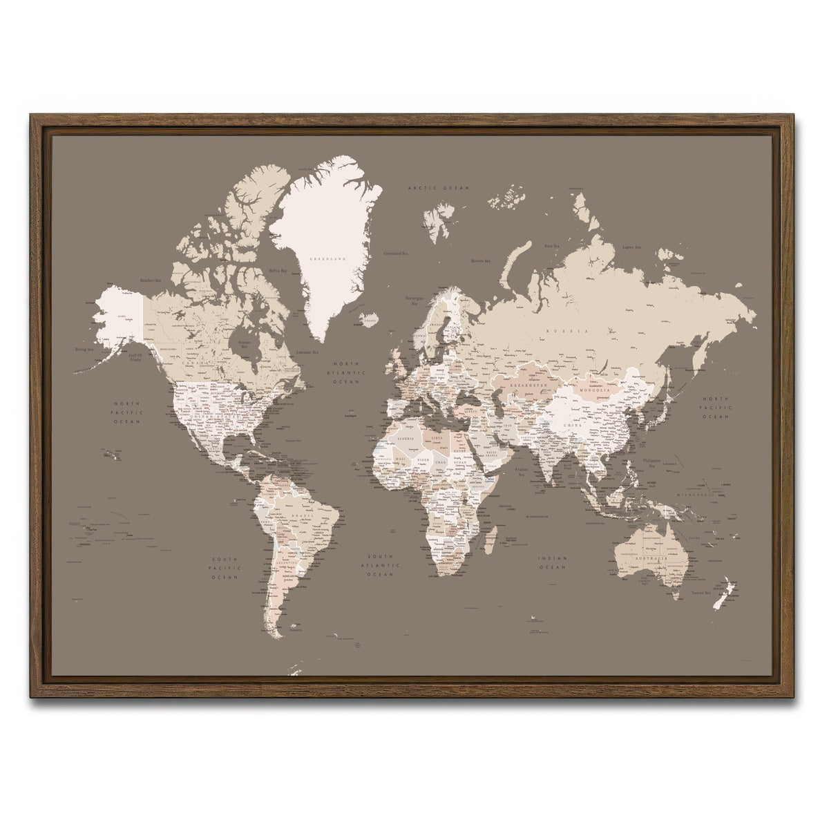 AUTO-MOCKUP WHITE | World Map 11 | 1 Piece | Walnut Framed Canvas | group=4x3