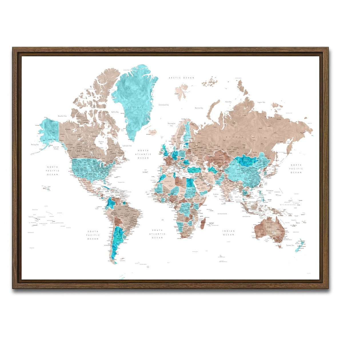 AUTO-MOCKUP WHITE | World Map 12 | 1 Piece | Walnut Framed Canvas | group=4x3
