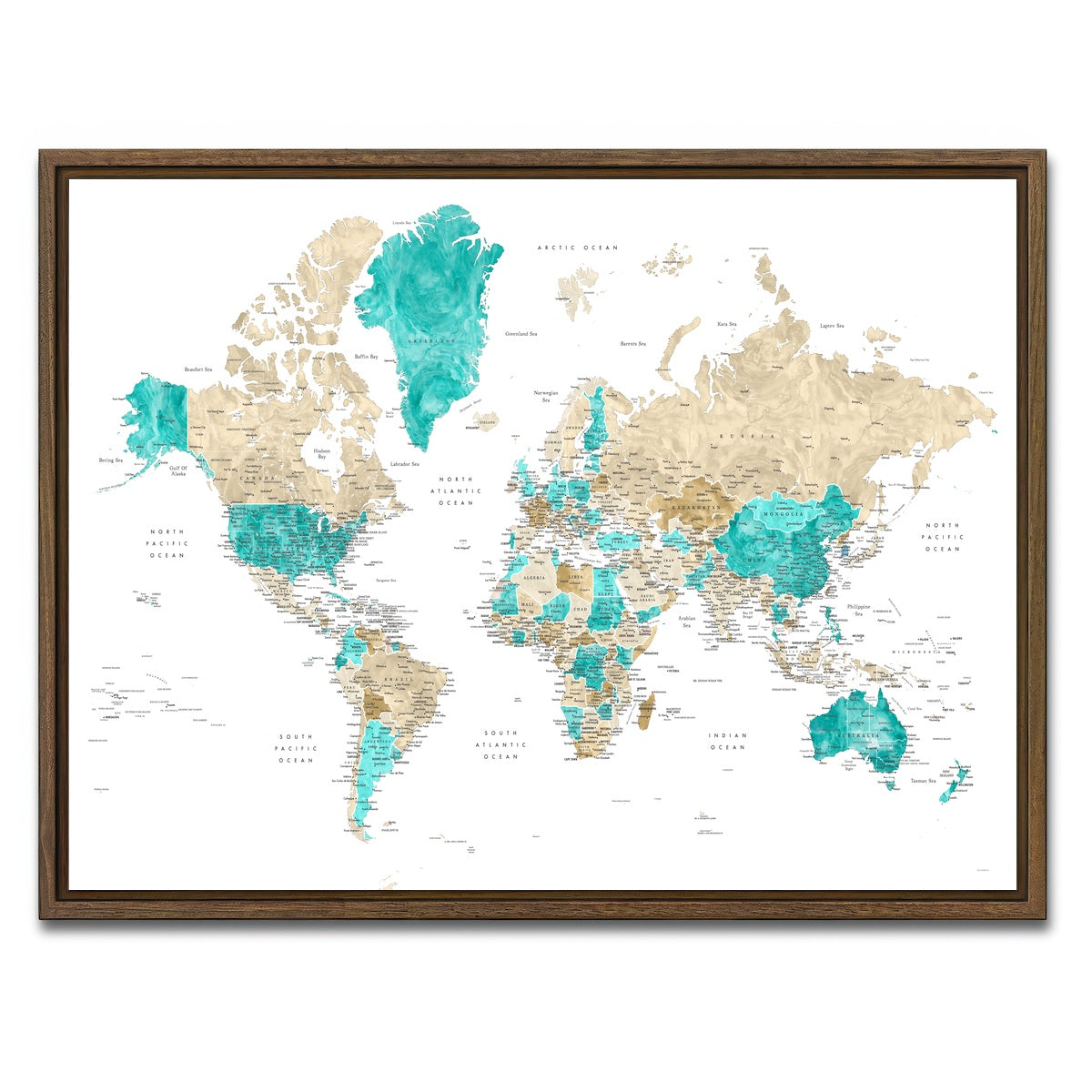 AUTO-MOCKUP WHITE | World Map 13 | 1 Piece | Walnut Framed Canvas | group=4x3