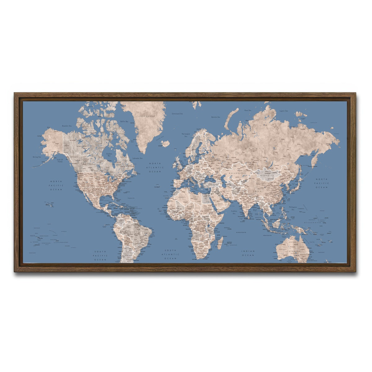 AUTO-MOCKUP WHITE | World Map 20 | 1 Piece | Walnut Framed Canvas | group=2x1