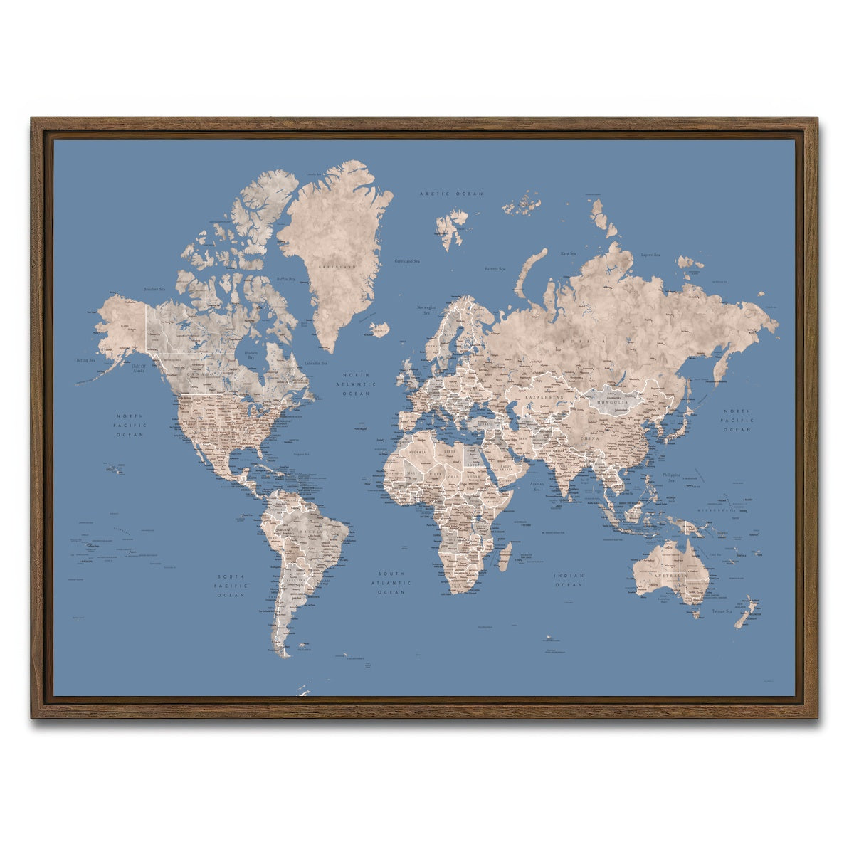 AUTO-MOCKUP WHITE | World Map 20 | 1 Piece | Walnut Framed Canvas | group=4x3