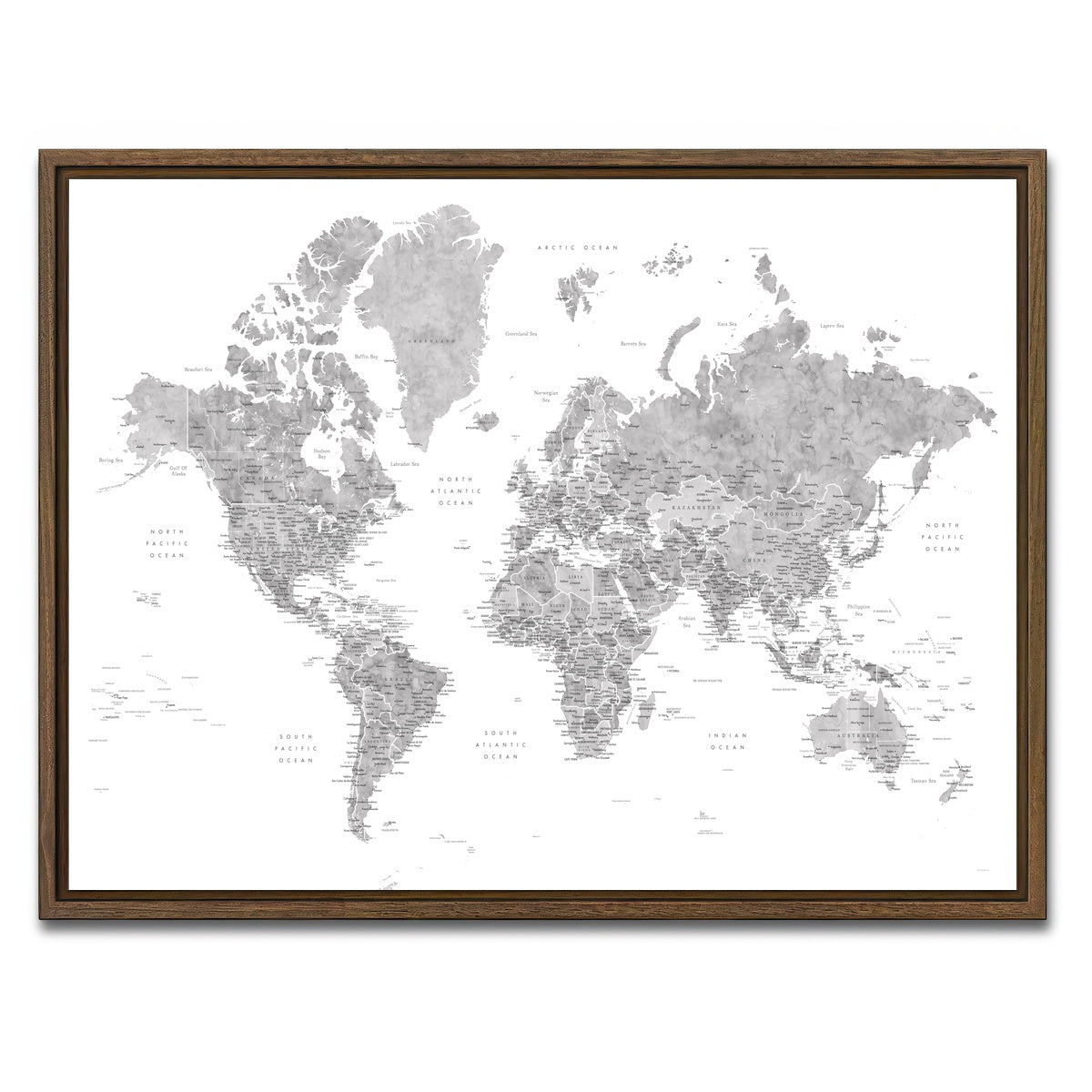 AUTO-MOCKUP WHITE | World Map 2 | 1 Piece | Walnut Framed Canvas | group=4x3