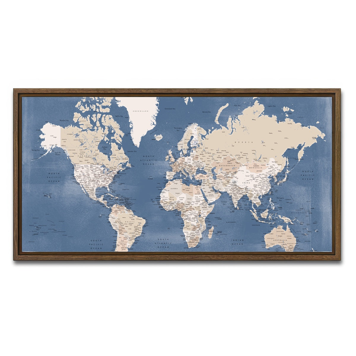 AUTO-MOCKUP WHITE | World Map 40 | 1 Piece | Walnut Framed Canvas | group=2x1