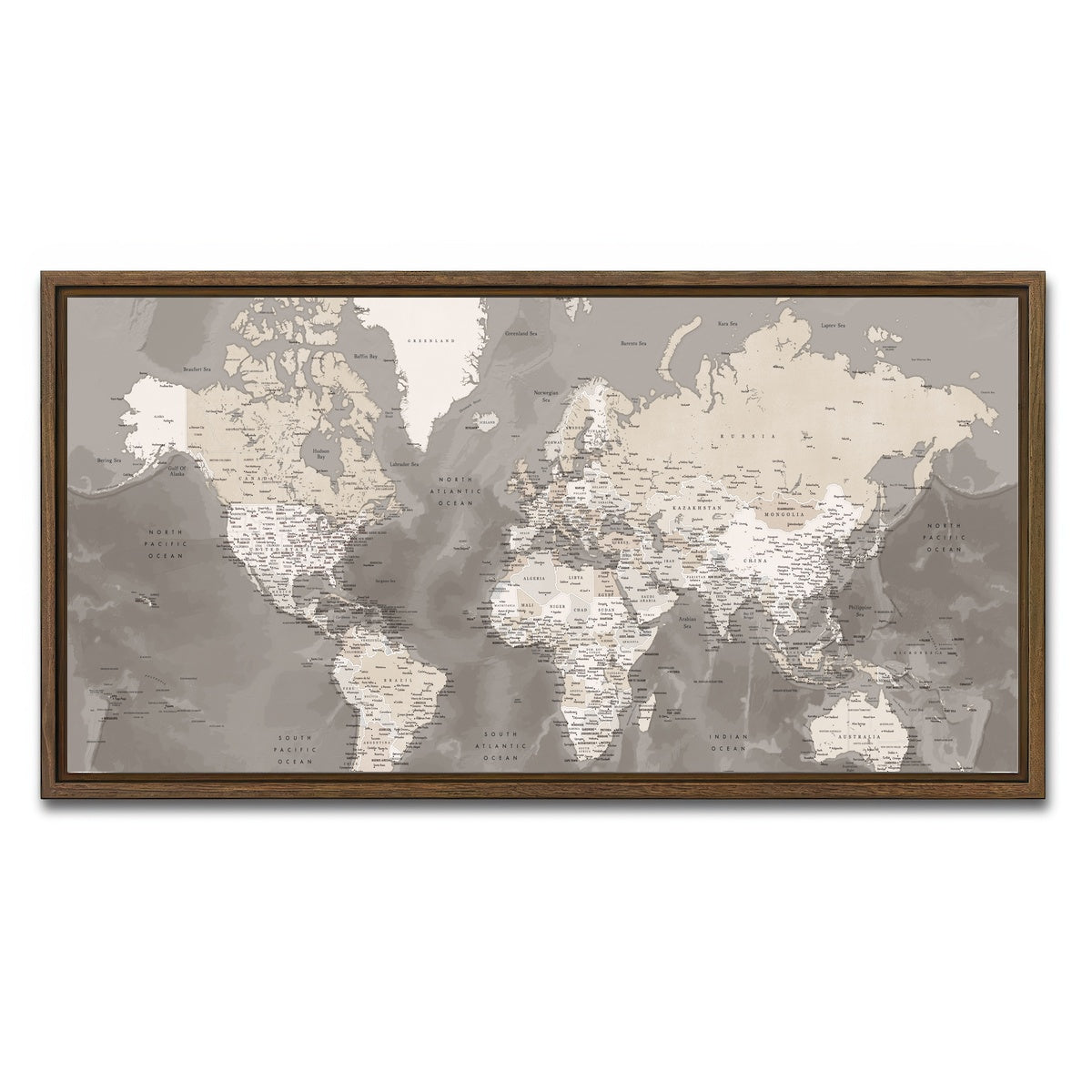 AUTO-MOCKUP WHITE | World Map 49 | 1 Piece | Walnut Framed Canvas | group=2x1
