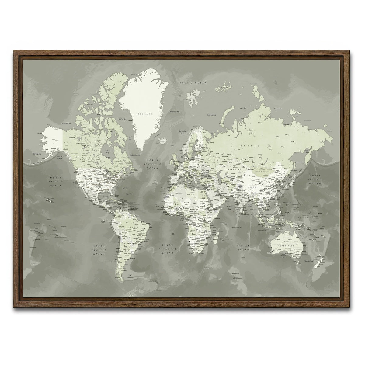 AUTO-MOCKUP WHITE | World Map 55 | 1 Piece | Walnut Framed Canvas | group=4x3