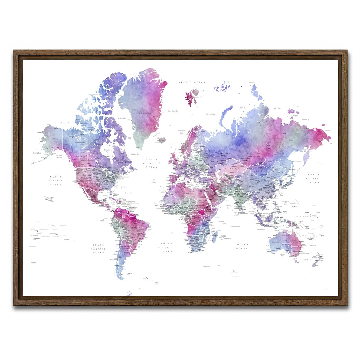 AUTO-MOCKUP WHITE | World Map 58 | 1 Piece | Walnut Framed Canvas | group=4x3