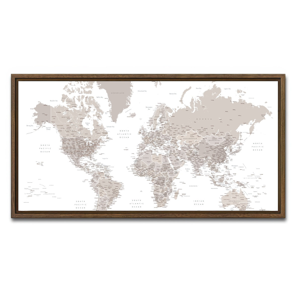 AUTO-MOCKUP WHITE | World Map 8 | 1 Piece | Walnut Framed Canvas | group=2x1