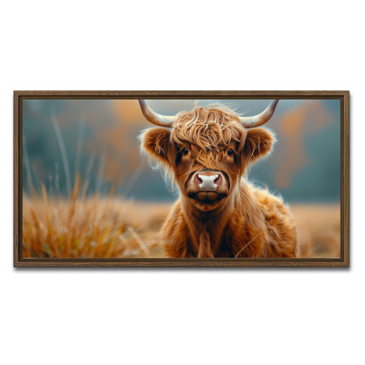 AUTO-MOCKUP WHITE | Young Highland Cow | 1 Piece | Walnut Framed Canvas | group=2x1