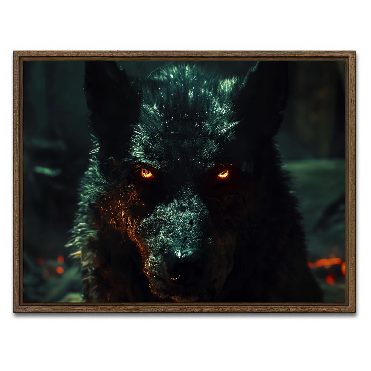 AUTO-MOCKUP WHITE | black wolf with glowing orange eyes | 1 Piece | Walnut Framed Canvas | group=4x3