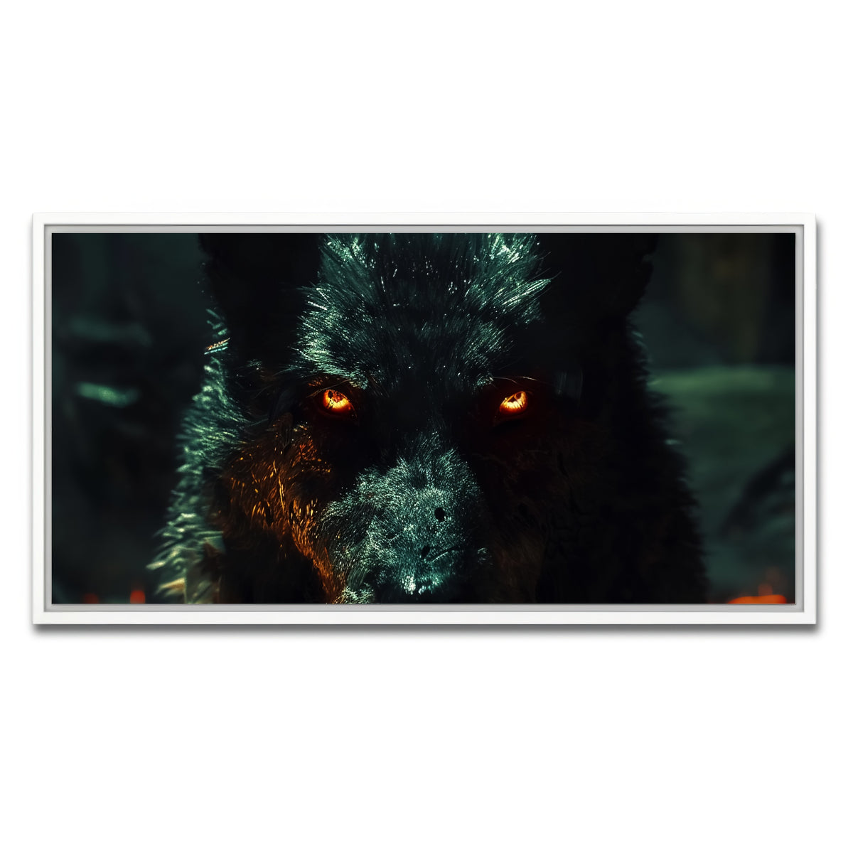 AUTO-MOCKUP WHITE | black wolf with glowing orange eyes | 1 Piece | White Framed Canvas | group=2x1