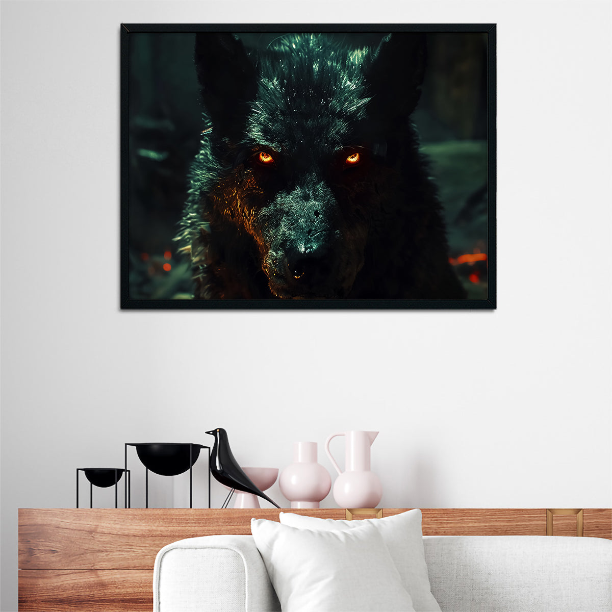 Black Wolf with Glowing Orange Eyes Wall Art