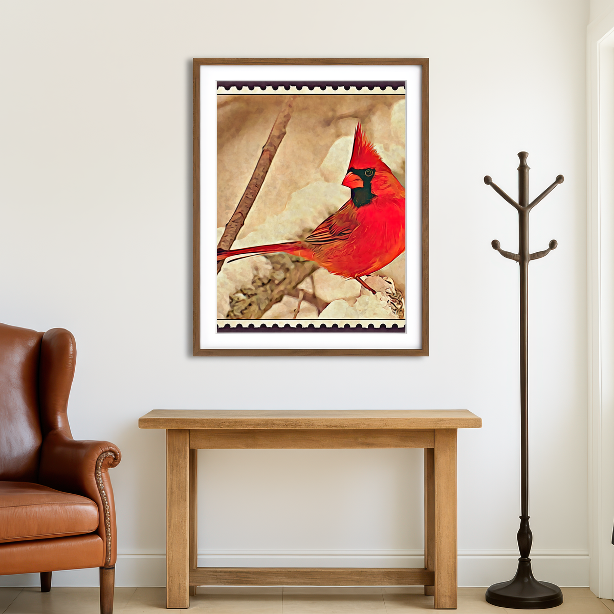 AUTO-MOCKUP ROOM | Cardinal Postage Stamp Wall Art