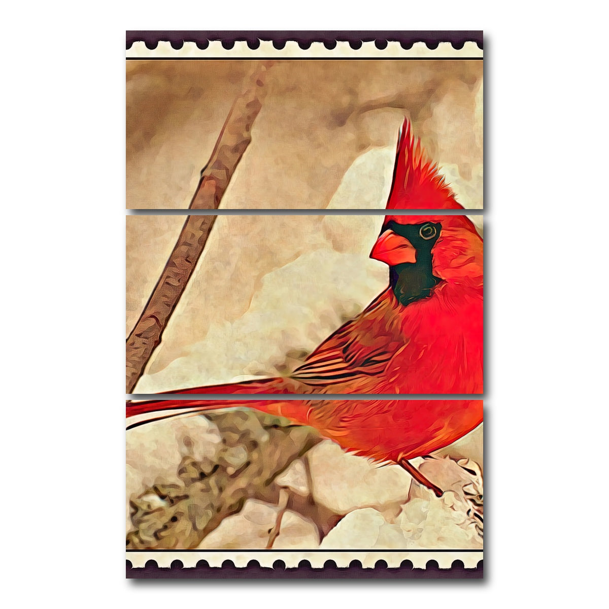 AUTO-MOCKUP WHITE | cardinal postage stamp | 3 Piece | Gallery Wrap Canvas | group=12x24_stacked