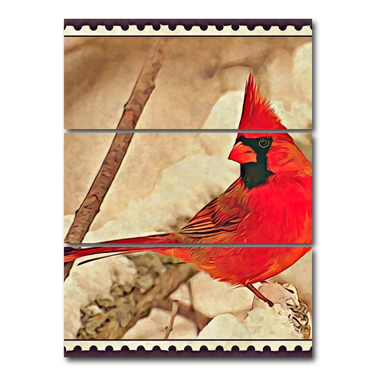 AUTO-MOCKUP WHITE | cardinal postage stamp | 3 Piece | Gallery Wrap Canvas | group=8x18_stacked