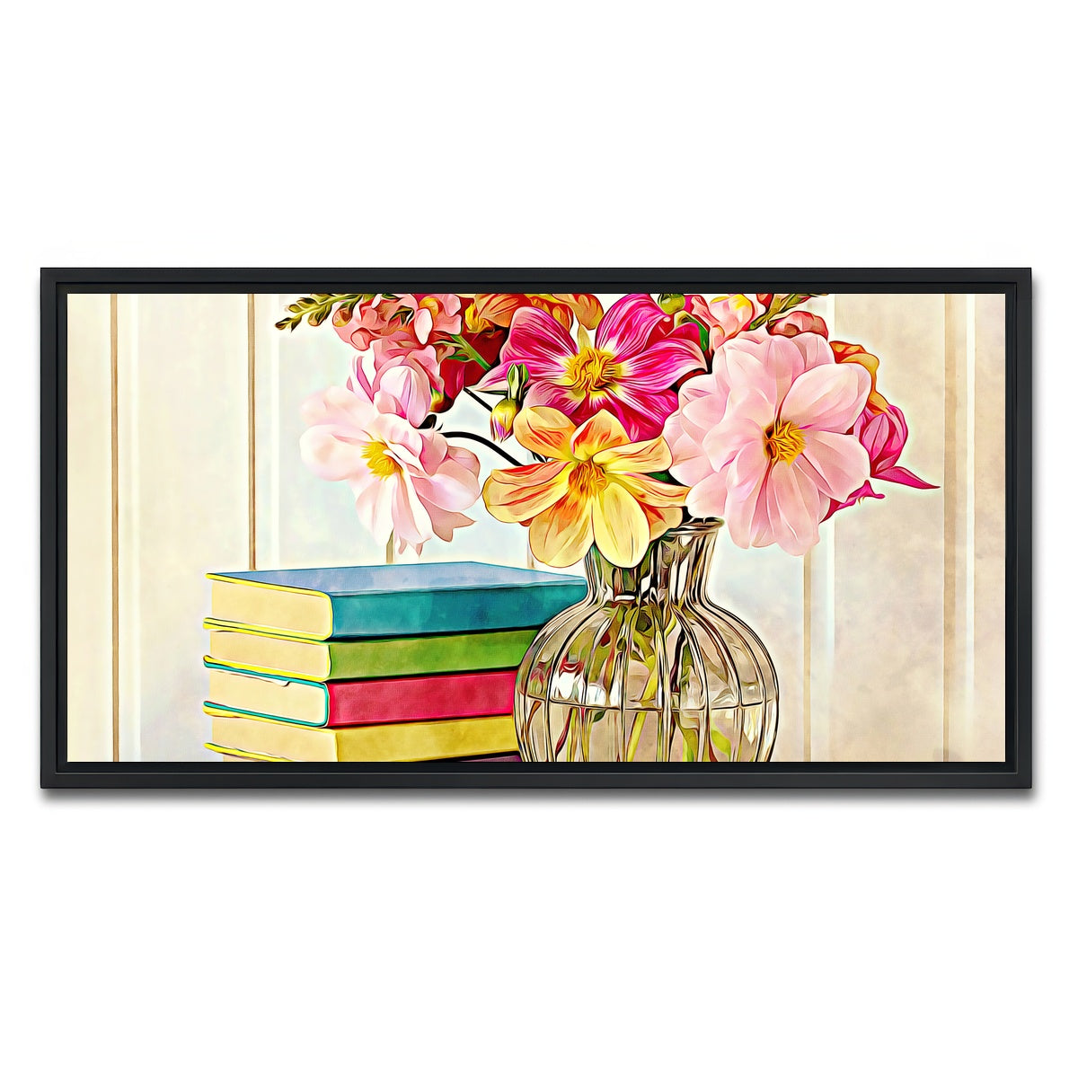 AUTO-MOCKUP WHITE | dahlias and colorful books | 1 Piece | Black Framed Canvas | group=2x1
